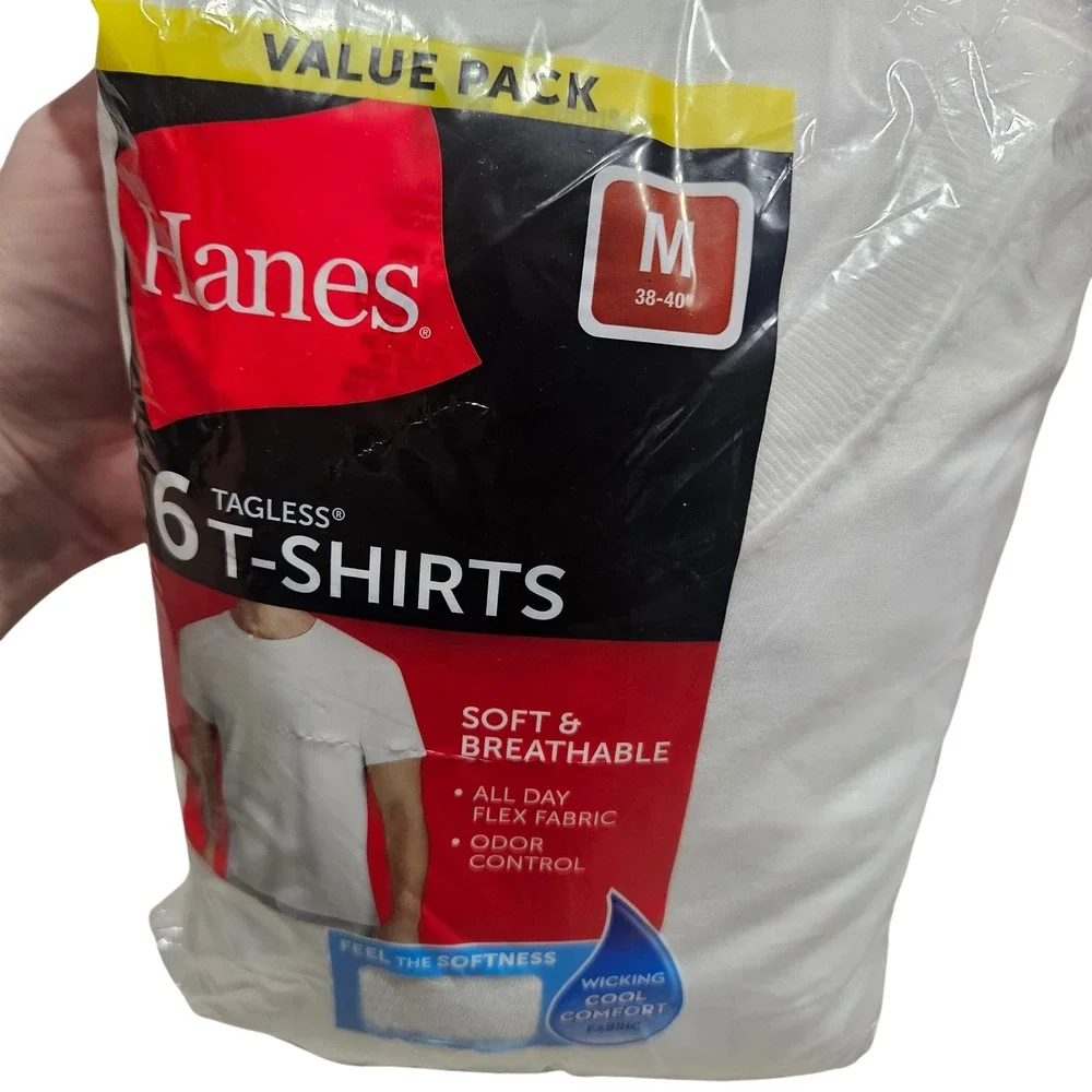 Hanes T-Shirts Mens Medium White 6-Pack Tagless Crew Neck Cotton Undershirts Tee